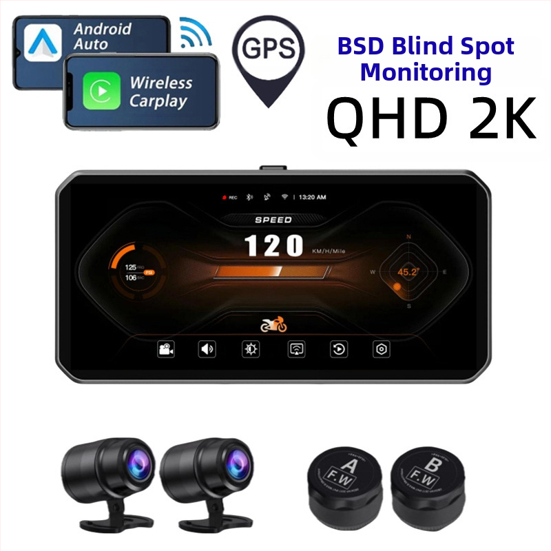 Motociklo DVR su priekinė ir galine kamera, BSD aklųjų zonų įspėjimas, CarPlay ir GPS, 160° matymo kampas, 12.0 MP