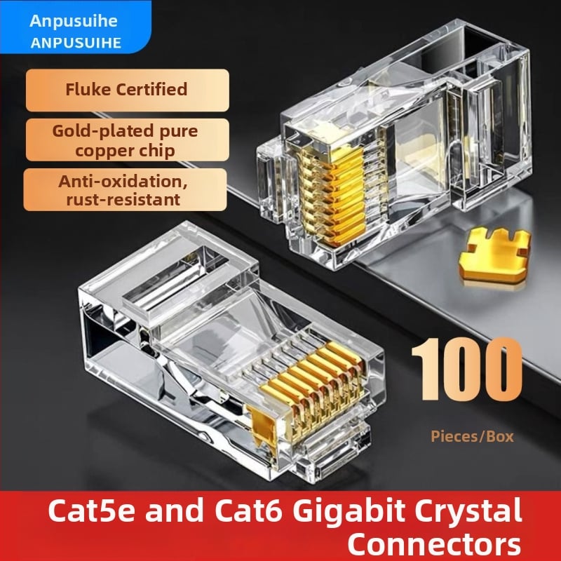 RJ45 jungtis su 8 laidiniais iš gryno vario, auksuoti kontaktai, suderinama su Cat5e/Cat6, didelio greičio perdavimas