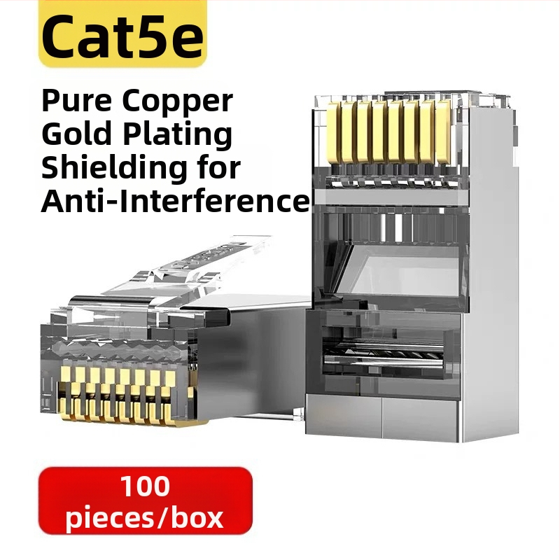 RJ45 jungtis su 8 laidiniais iš gryno vario, auksuoti kontaktai, suderinama su Cat5e/Cat6, didelio greičio perdavimas