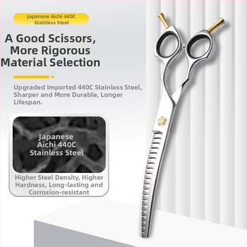 Set de foarfece pentru îngrijire animale de companie — design curbat, lamă zimțată, finisaj fin (Brand: Hanchuang; Material: oțel inoxidabil 440C; Lamă zimțată; Formă: curbat; Finisaj: fin)