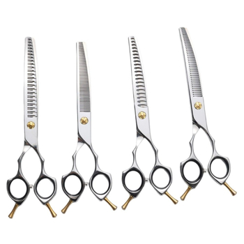 Set de foarfece pentru îngrijire animale de companie — design curbat, lamă zimțată, finisaj fin (Brand: Hanchuang; Material: oțel inoxidabil 440C; Lamă zimțată; Formă: curbat; Finisaj: fin)