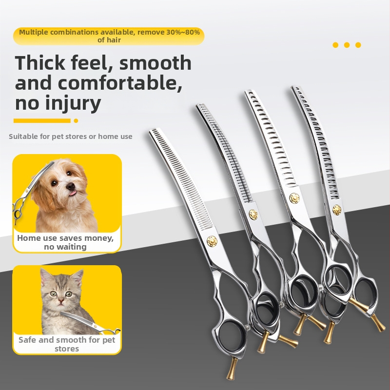 Set de foarfece pentru îngrijire animale de companie — design curbat, lamă zimțată, finisaj fin (Brand: Hanchuang; Material: oțel inoxidabil 440C; Lamă zimțată; Formă: curbat; Finisaj: fin)