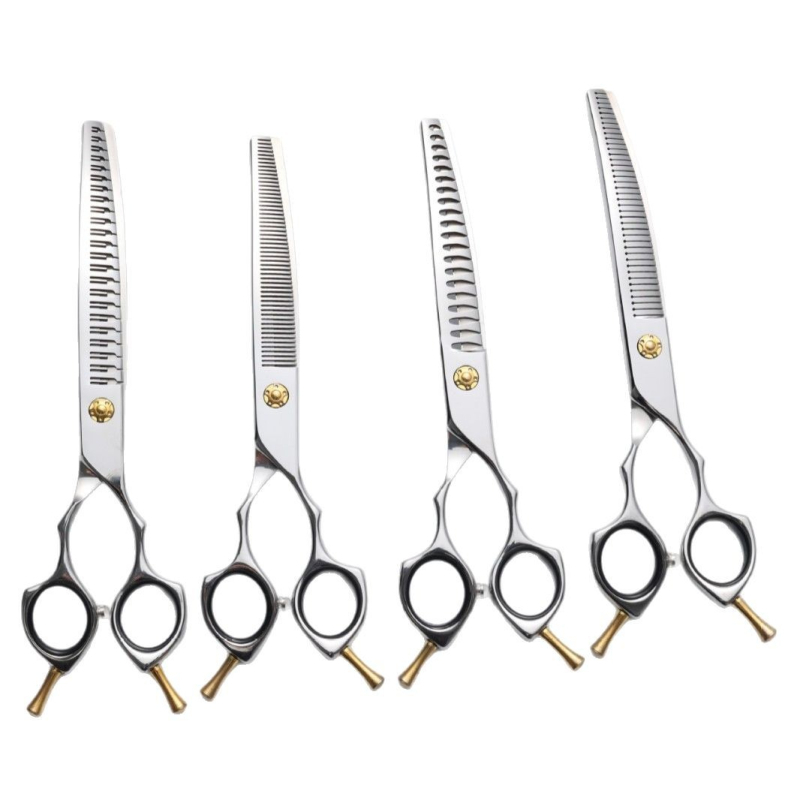 Set de foarfece pentru îngrijire animale de companie — design curbat, lamă zimțată, finisaj fin (Brand: Hanchuang; Material: oțel inoxidabil 440C; Lamă zimțată; Formă: curbat; Finisaj: fin)