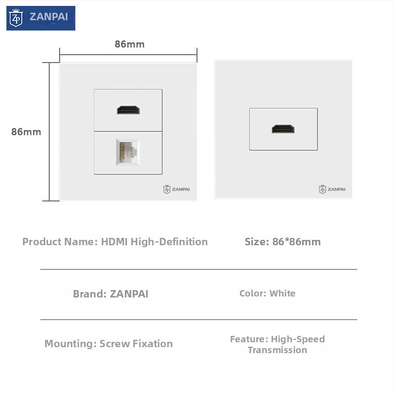 Zanpai 86 tipo paslėptas HDMI skydelis sienai, HDMI 2.0, 4K HDMI lizdas, Nacionalinis standartas