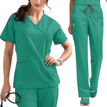 Set scrubs medical, poliester-elastan, mâneci scurte, decolteu în V, top și pantaloni
