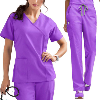 Set scrubs medical, poliester-elastan, mâneci scurte, decolteu în V, top și pantaloni