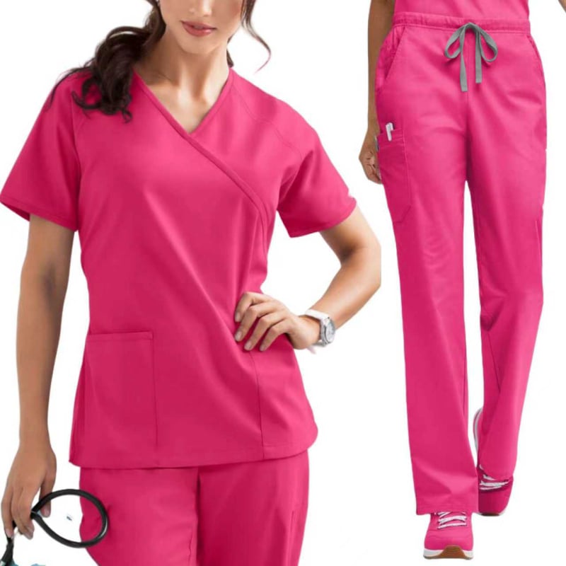 Set scrubs medical, poliester-elastan, mâneci scurte, decolteu în V, top și pantaloni