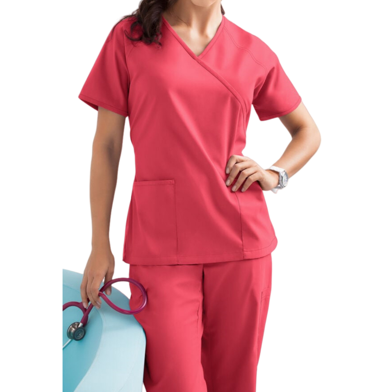 Set scrubs medical, poliester-elastan, mâneci scurte, decolteu în V, top și pantaloni
