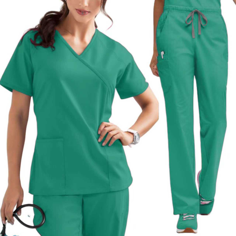 Set scrubs medical, poliester-elastan, mâneci scurte, decolteu în V, top și pantaloni