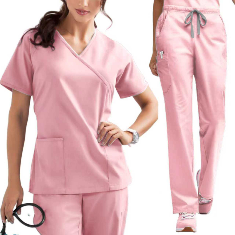 Set scrubs medical, poliester-elastan, mâneci scurte, decolteu în V, top și pantaloni