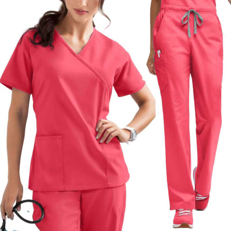 Set scrubs medical, poliester-elastan, mâneci scurte, decolteu în V, top și pantaloni