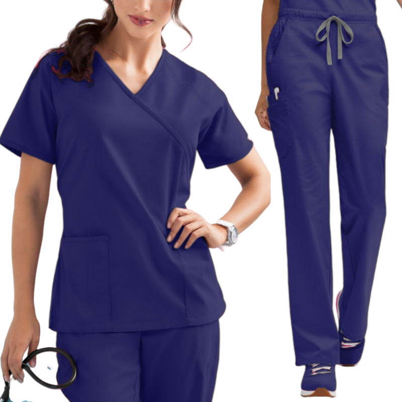 Set scrubs medical, poliester-elastan, mâneci scurte, decolteu în V, top și pantaloni