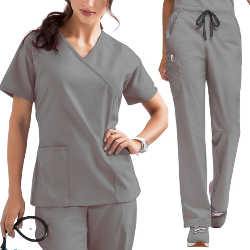 Set scrubs medical, poliester-elastan, mâneci scurte, decolteu în V, top și pantaloni