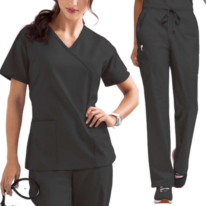 Set scrubs medical, poliester-elastan, mâneci scurte, decolteu în V, top și pantaloni