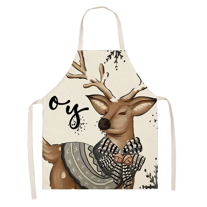 Безръкавна престилка за кухня, лен, антизамърсяваща защита, модел: елен със снежинка и Дядо Коледа