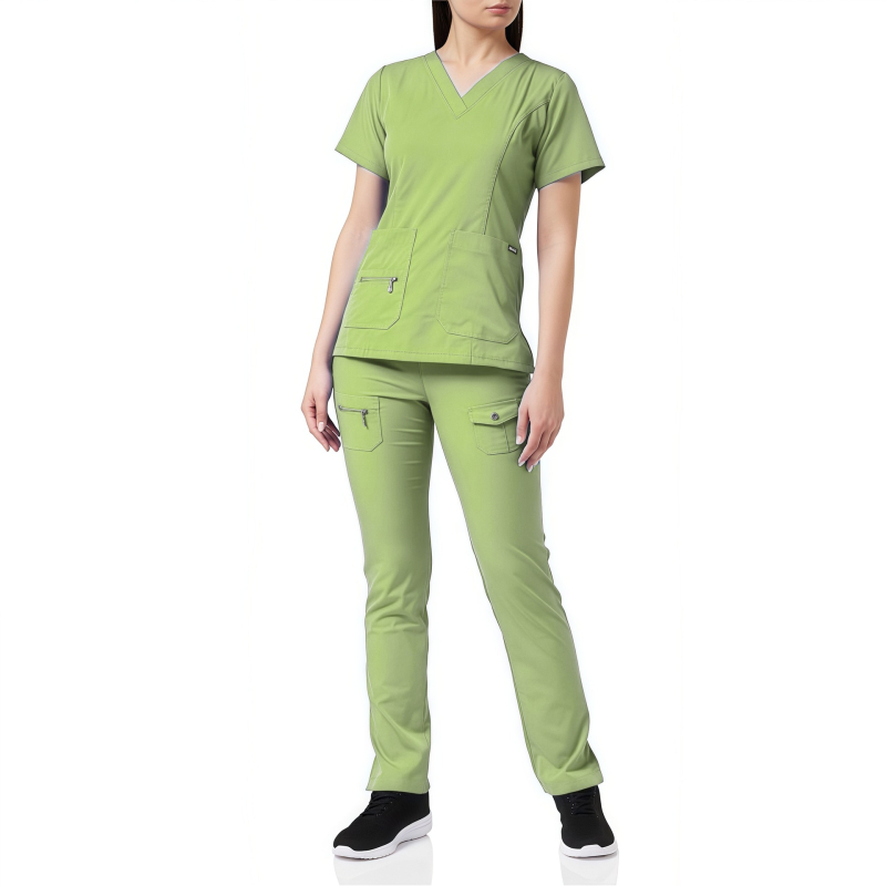 Γυναικεία ιατρική στολή νοσοκόμου, ελαστική, κοντό μανίκι, V-λαιμόκοψη, σετ δύο τεμαχίων (μπλούζα και παντελόνι), πολυεστέρας-ελαστάν, απομάκρυνση υγρασίας