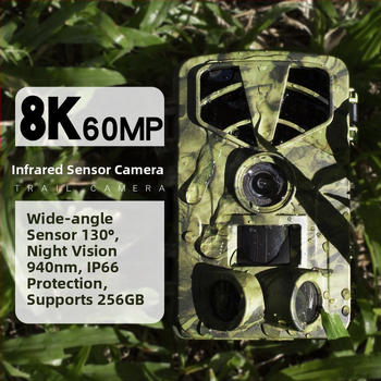 PR906 Cameră de monitorizare outdoor 8K Wide, LCD 2.0, Stocare pe card SD, Carcasă ABS, Sursă: 8 baterii AA + intrare DC