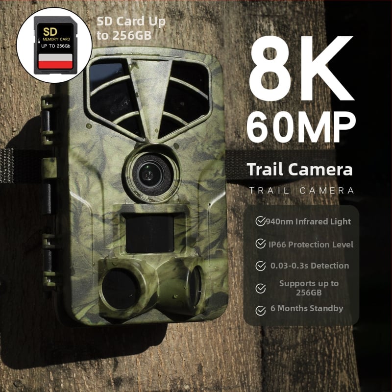 PR906 Cameră de monitorizare outdoor 8K Wide, LCD 2.0, Stocare pe card SD, Carcasă ABS, Sursă: 8 baterii AA + intrare DC