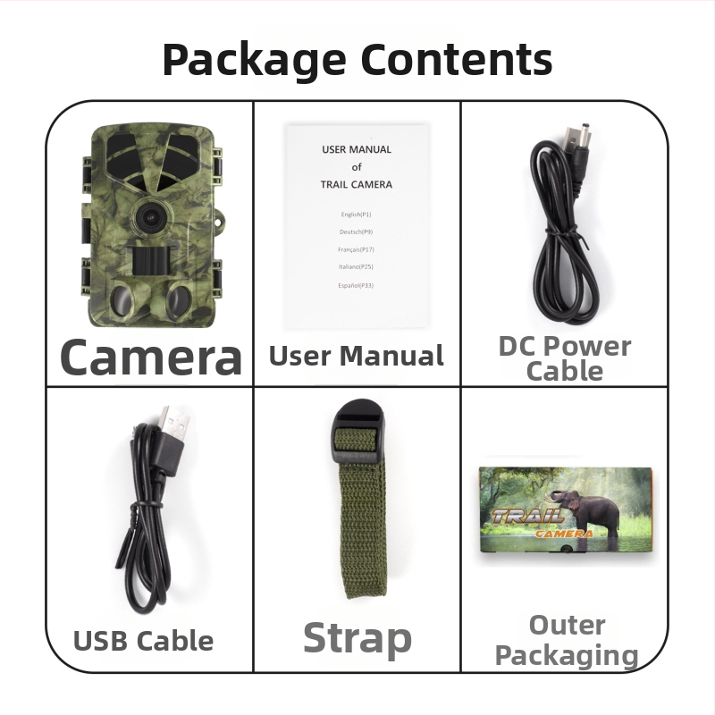 PR906 Cameră de monitorizare outdoor 8K Wide, LCD 2.0, Stocare pe card SD, Carcasă ABS, Sursă: 8 baterii AA + intrare DC