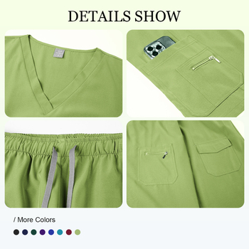 Женски медицински комплект: разделен топ и панталони, къс ръкав, V-образно деколте, влагоотводящ полиестер със спандекс (90–95% полиестер; до <30% спандекс); летно/пролетно/есенно