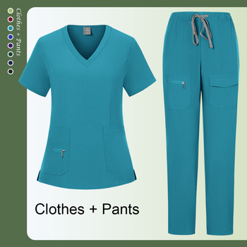 Женски медицински комплект: разделен топ и панталони, къс ръкав, V-образно деколте, влагоотводящ полиестер със спандекс (90–95% полиестер; до <30% спандекс); летно/пролетно/есенно