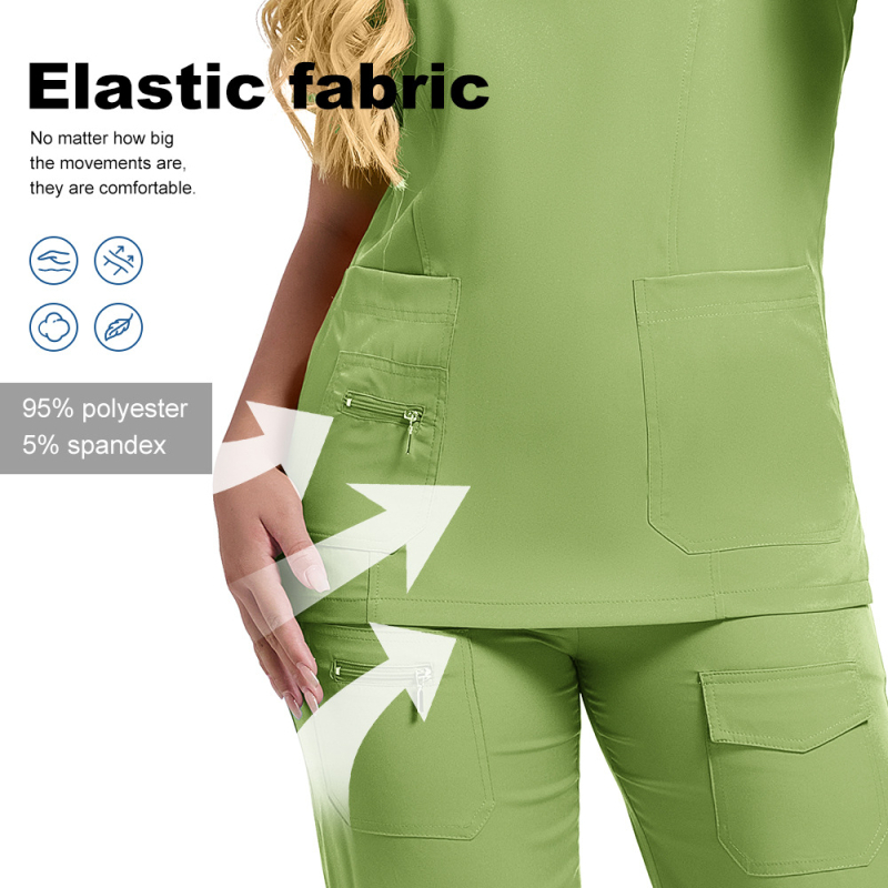 Женски медицински комплект: разделен топ и панталони, къс ръкав, V-образно деколте, влагоотводящ полиестер със спандекс (90–95% полиестер; до <30% спандекс); летно/пролетно/есенно