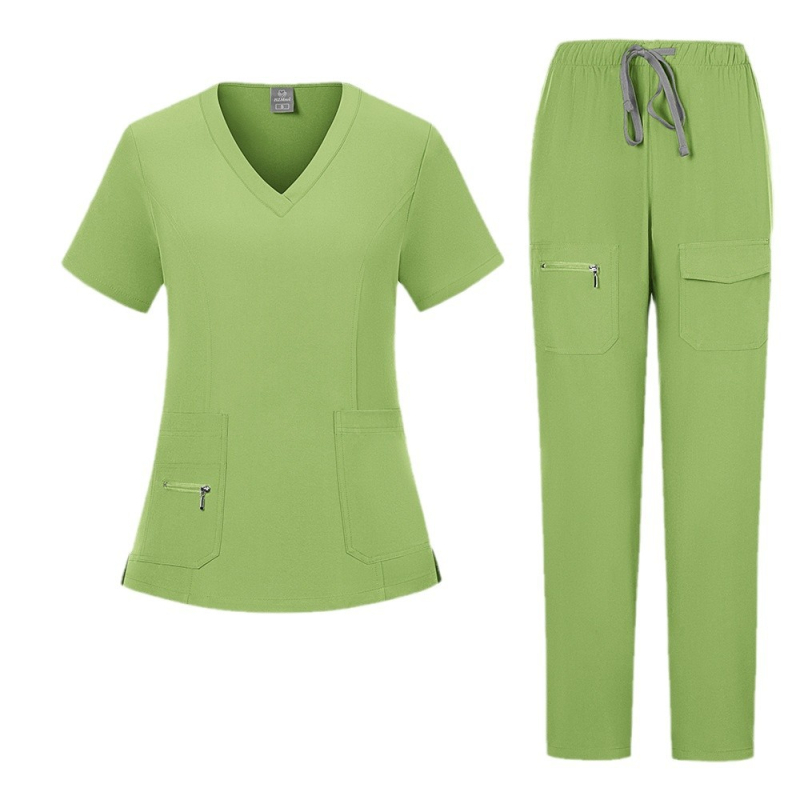 Женски медицински комплект: разделен топ и панталони, къс ръкав, V-образно деколте, влагоотводящ полиестер със спандекс (90–95% полиестер; до <30% спандекс); летно/пролетно/есенно