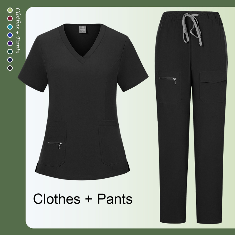 Женски медицински комплект: разделен топ и панталони, къс ръкав, V-образно деколте, влагоотводящ полиестер със спандекс (90–95% полиестер; до <30% спандекс); летно/пролетно/есенно