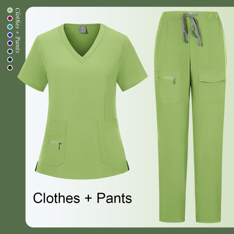 Женски медицински комплект: разделен топ и панталони, къс ръкав, V-образно деколте, влагоотводящ полиестер със спандекс (90–95% полиестер; до <30% спандекс); летно/пролетно/есенно