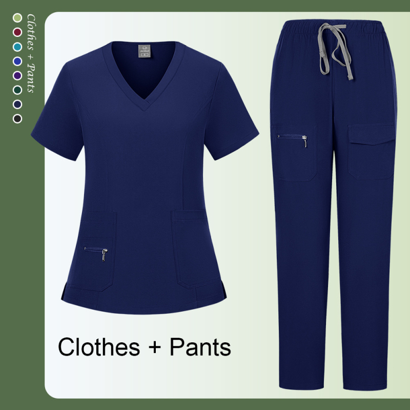 Женски медицински комплект: разделен топ и панталони, къс ръкав, V-образно деколте, влагоотводящ полиестер със спандекс (90–95% полиестер; до <30% спандекс); летно/пролетно/есенно