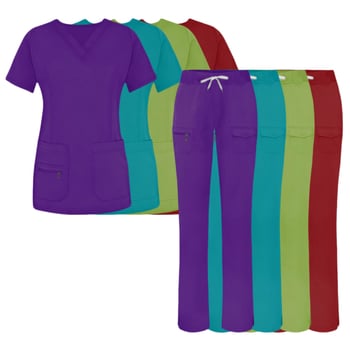 Женски медицински комплект за облекло (горна и долна част отделно) — влагоотводящ полиестер-еластан, къси ръкави, V-образно деколте, за болнична служба