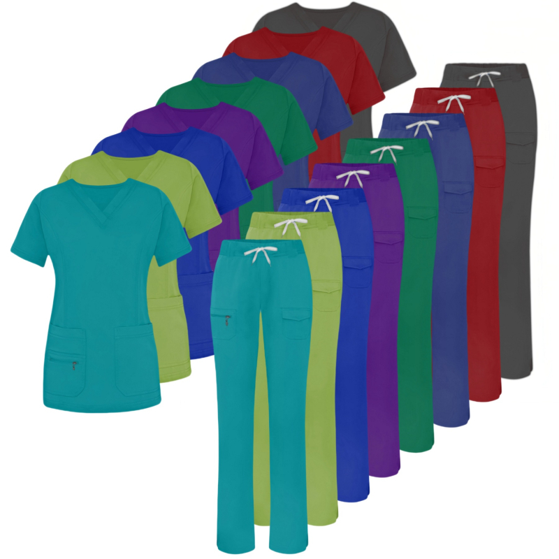 Женски медицински комплект за облекло (горна и долна част отделно) — влагоотводящ полиестер-еластан, къси ръкави, V-образно деколте, за болнична служба