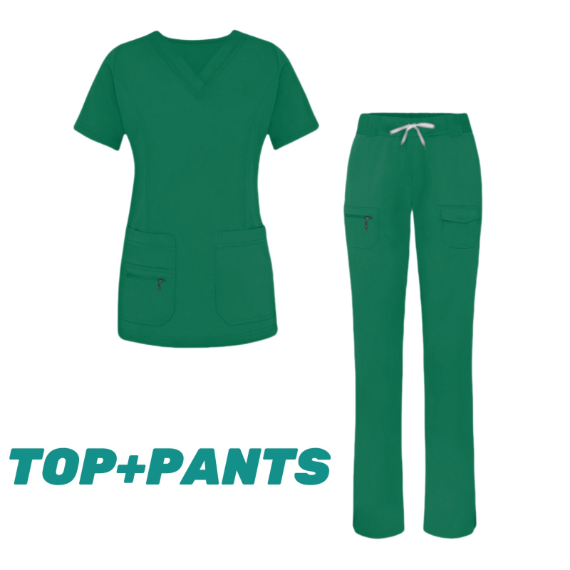 Женски медицински комплект за облекло (горна и долна част отделно) — влагоотводящ полиестер-еластан, къси ръкави, V-образно деколте, за болнична служба