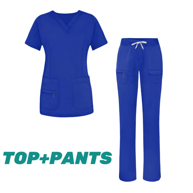 Женски медицински комплект за облекло (горна и долна част отделно) — влагоотводящ полиестер-еластан, къси ръкави, V-образно деколте, за болнична служба