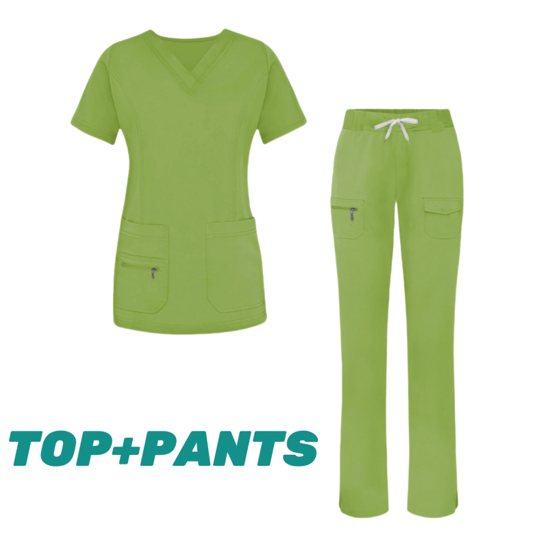 Женски медицински комплект за облекло (горна и долна част отделно) — влагоотводящ полиестер-еластан, къси ръкави, V-образно деколте, за болнична служба
