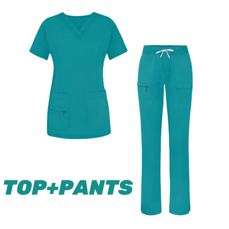 Женски медицински комплект за облекло (горна и долна част отделно) — влагоотводящ полиестер-еластан, къси ръкави, V-образно деколте, за болнична служба