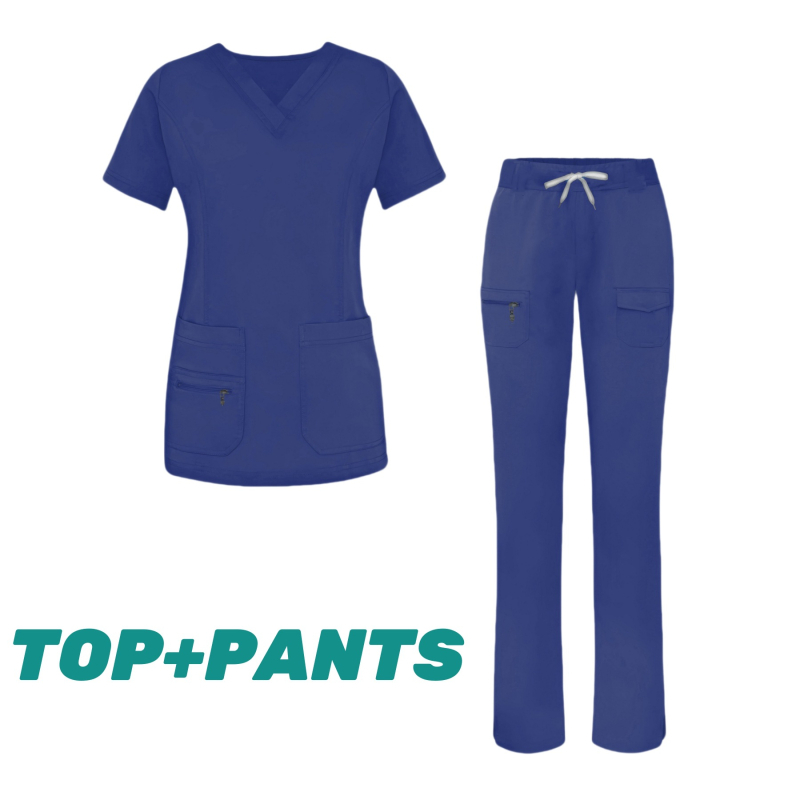 Женски медицински комплект за облекло (горна и долна част отделно) — влагоотводящ полиестер-еластан, къси ръкави, V-образно деколте, за болнична служба