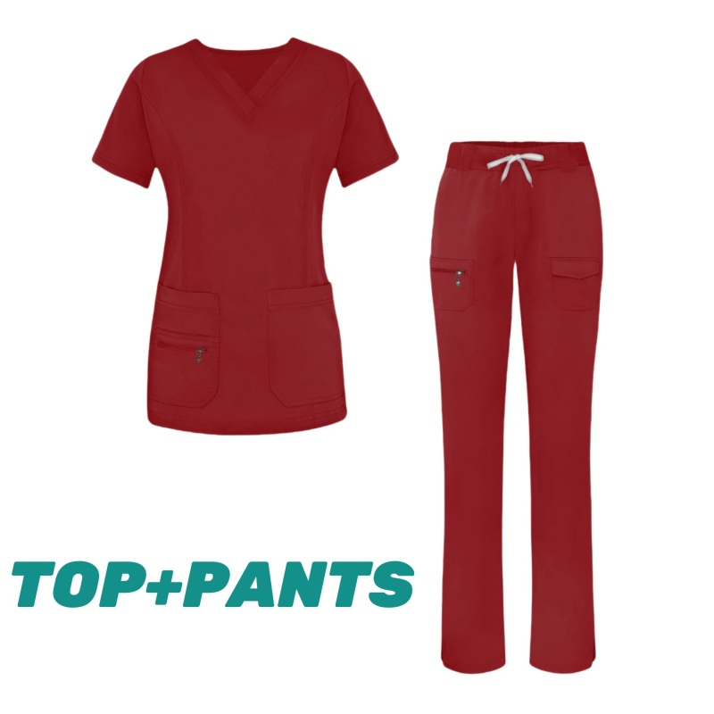Женски медицински комплект за облекло (горна и долна част отделно) — влагоотводящ полиестер-еластан, къси ръкави, V-образно деколте, за болнична служба