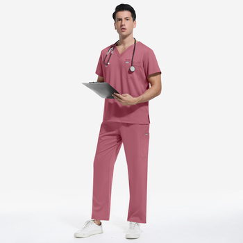 Set uniform medical pentru personal — amestec poliester-spandex care elimină umezeala, top unisex cu mânecă scurtă și decolteu în V și pantaloni