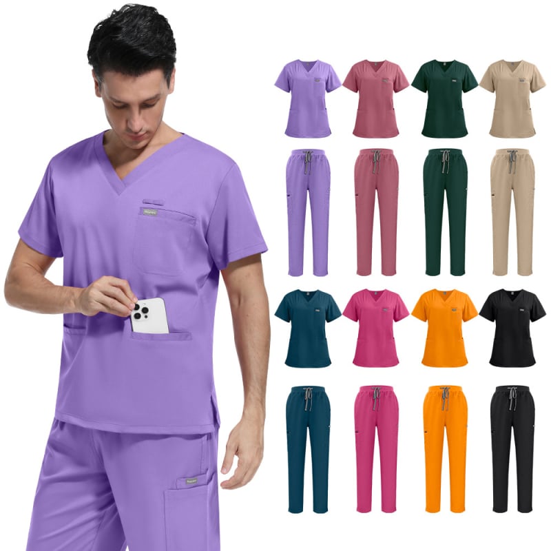 Set uniform medical pentru personal — amestec poliester-spandex care elimină umezeala, top unisex cu mânecă scurtă și decolteu în V și pantaloni