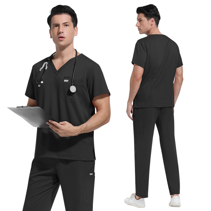 Set uniform medical pentru personal — amestec poliester-spandex care elimină umezeala, top unisex cu mânecă scurtă și decolteu în V și pantaloni