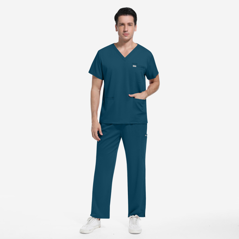 Set uniform medical pentru personal — amestec poliester-spandex care elimină umezeala, top unisex cu mânecă scurtă și decolteu în V și pantaloni