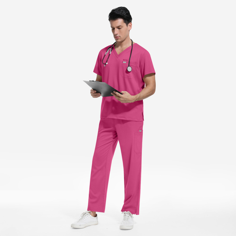Set uniform medical pentru personal — amestec poliester-spandex care elimină umezeala, top unisex cu mânecă scurtă și decolteu în V și pantaloni