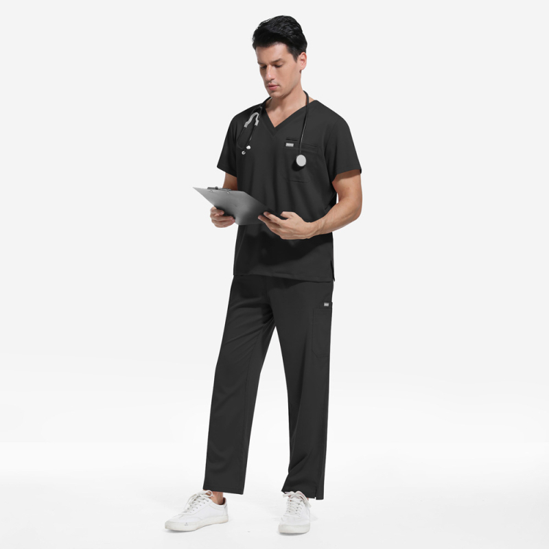 Set uniform medical pentru personal — amestec poliester-spandex care elimină umezeala, top unisex cu mânecă scurtă și decolteu în V și pantaloni