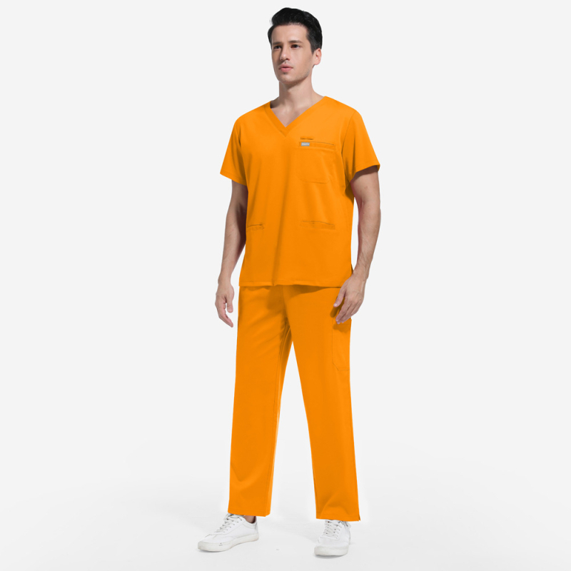 Set uniform medical pentru personal — amestec poliester-spandex care elimină umezeala, top unisex cu mânecă scurtă și decolteu în V și pantaloni