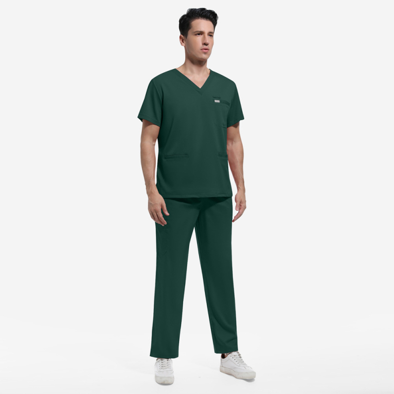 Set uniform medical pentru personal — amestec poliester-spandex care elimină umezeala, top unisex cu mânecă scurtă și decolteu în V și pantaloni