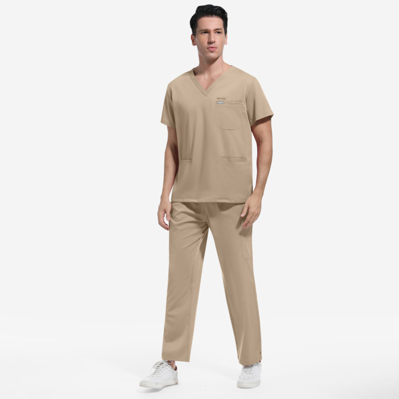 Set uniform medical pentru personal — amestec poliester-spandex care elimină umezeala, top unisex cu mânecă scurtă și decolteu în V și pantaloni