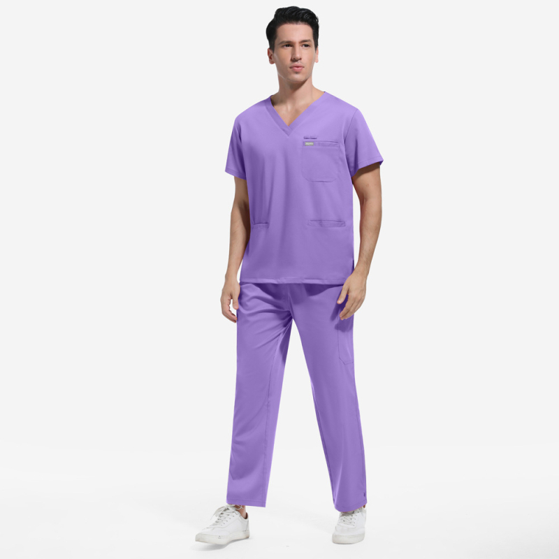 Set uniform medical pentru personal — amestec poliester-spandex care elimină umezeala, top unisex cu mânecă scurtă și decolteu în V și pantaloni