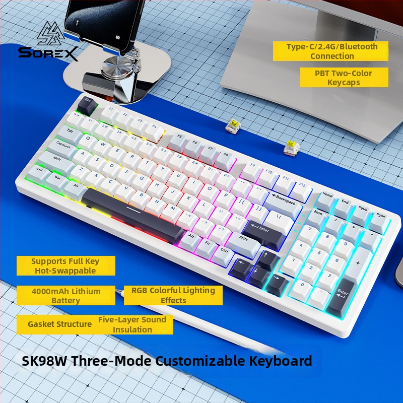 SOREX SK98W mechanická klávesnica, kompaktná s 87 klávesami, zelené spínače, RGB podsvietenie, trojmodálna konektivita (Bluetooth, USB-C káblová, 2,4G bezdrôtová), podpora prispôsobenia