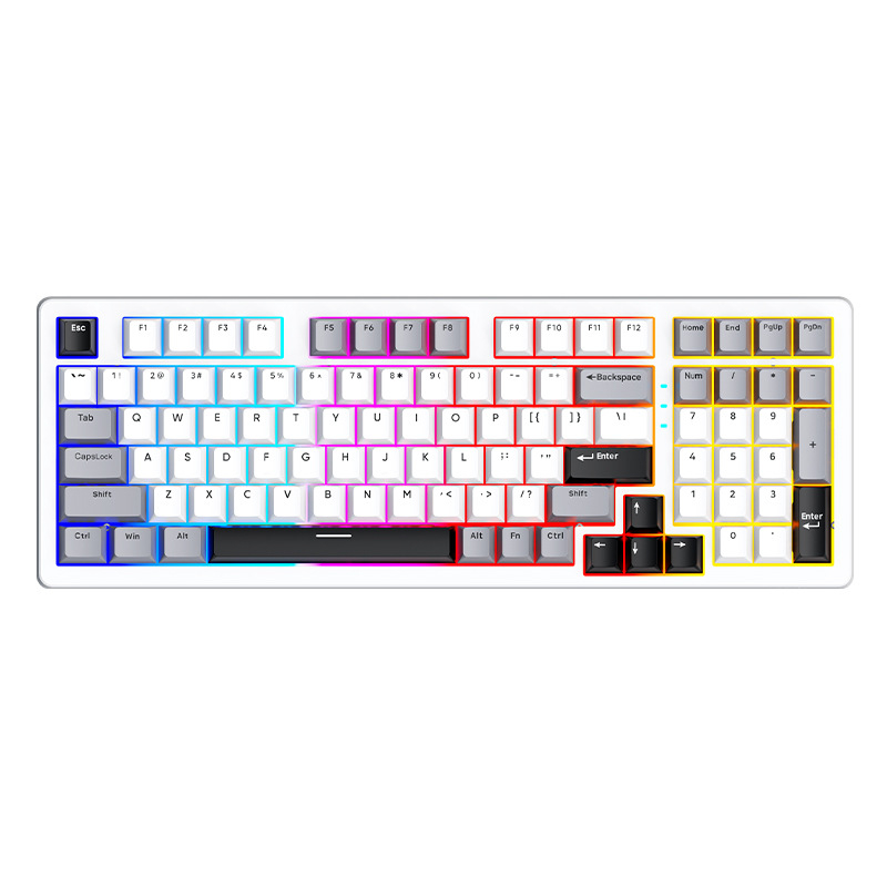 SOREX SK98W mechanická klávesnica, kompaktná s 87 klávesami, zelené spínače, RGB podsvietenie, trojmodálna konektivita (Bluetooth, USB-C káblová, 2,4G bezdrôtová), podpora prispôsobenia